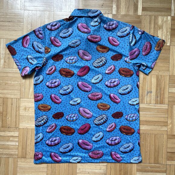 Retro Rifle Polo Shirt Men's Large Short Sleeve Blue Donuts AOP Golf Performance - Picture 2 of 8